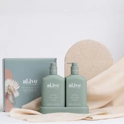Rustic, White & Wood AL.IVE BODY WASH & LOTION DUO + TRAY - GREEN DUO
