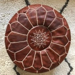 Rustic White & Wood Moroccan Decor Moroccan Pouf Ottoman - Brown
