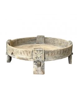 Rustic, White & Wood Furniture Vintage Indian Wooden Grinder Table - 01