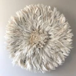 Rustic White & Wood Bamileke Feather Juju Hat - White 14 Rustic White & Wood Bamileke Feather Juju Hat - White