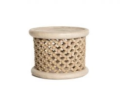 Rustic White & Wood Bamileke Stool - Table - Natural