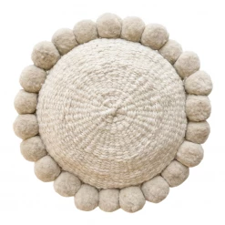 Rustic White & Wood Iana Pom Pom Cushion In Natural - Round Argentinian Cushions