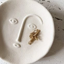 Rustic White & Wood Ceramic Moon Trinket Dish - Sand