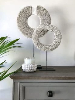 Rustic White & Wood Tribal Cowrie Shell Collar With Stand Coastal Decor