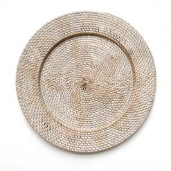 Rustic White & Wood Woven Rattan Plate - White & Chocolate Coastal Decor