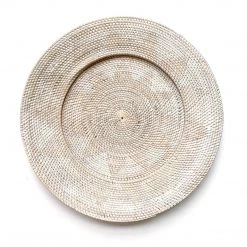 Rustic White & Wood Woven Rattan Plate - White & Chocolate Coastal Decor