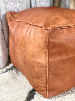 Rustic White & Wood Moroccan Pouf Ottoman - Square Tan Moroccan Decor