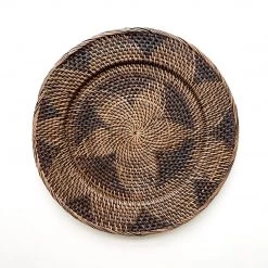 Rustic White & Wood Woven Rattan Plate - White & Chocolate Coastal Decor