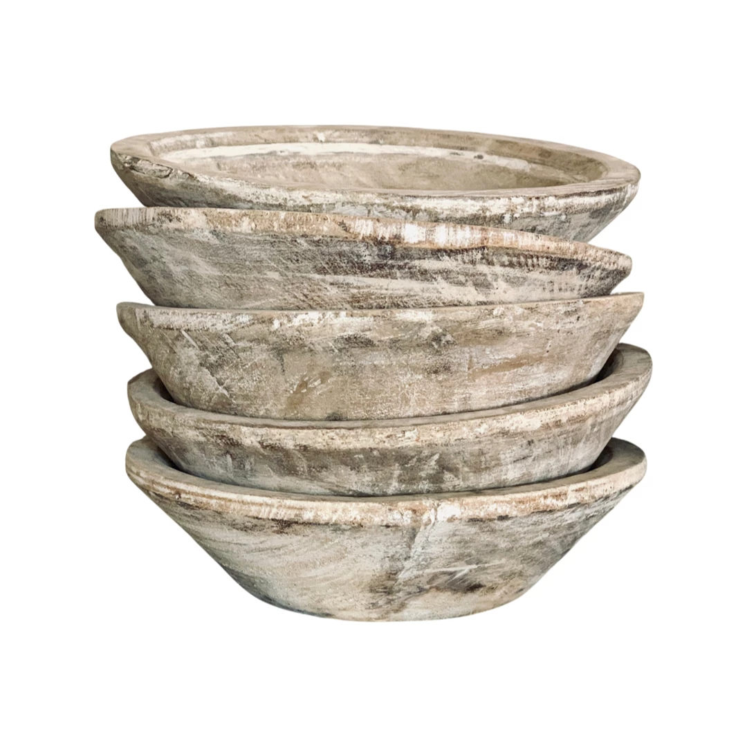 Rustic White & Wood Vintage Treasures Wooden Bowls - Indian Antiques - Whitewashed 3 Rustic White & Wood Vintage Treasures Wooden Bowls - Indian Antiques - Whitewashed