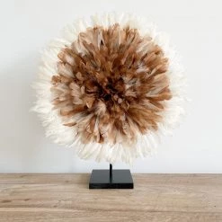 Rustic White & Wood Mini Bamileke Feather Juju Hat With Stand