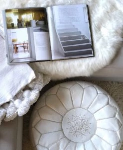 Rustic White & Wood Moroccan Pouf Ottoman - White Moroccan Decor