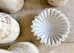 Rustic White & Wood Marble Fluted Bowl - Wavy Ripple - Hand Carved Accessories