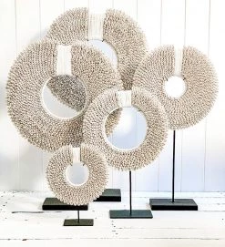 Rustic White & Wood Tribal Cowrie Shell Collar With Stand Coastal Decor