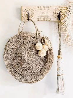 Rustic White & Wood Isla Woven Bag With Pom Poms