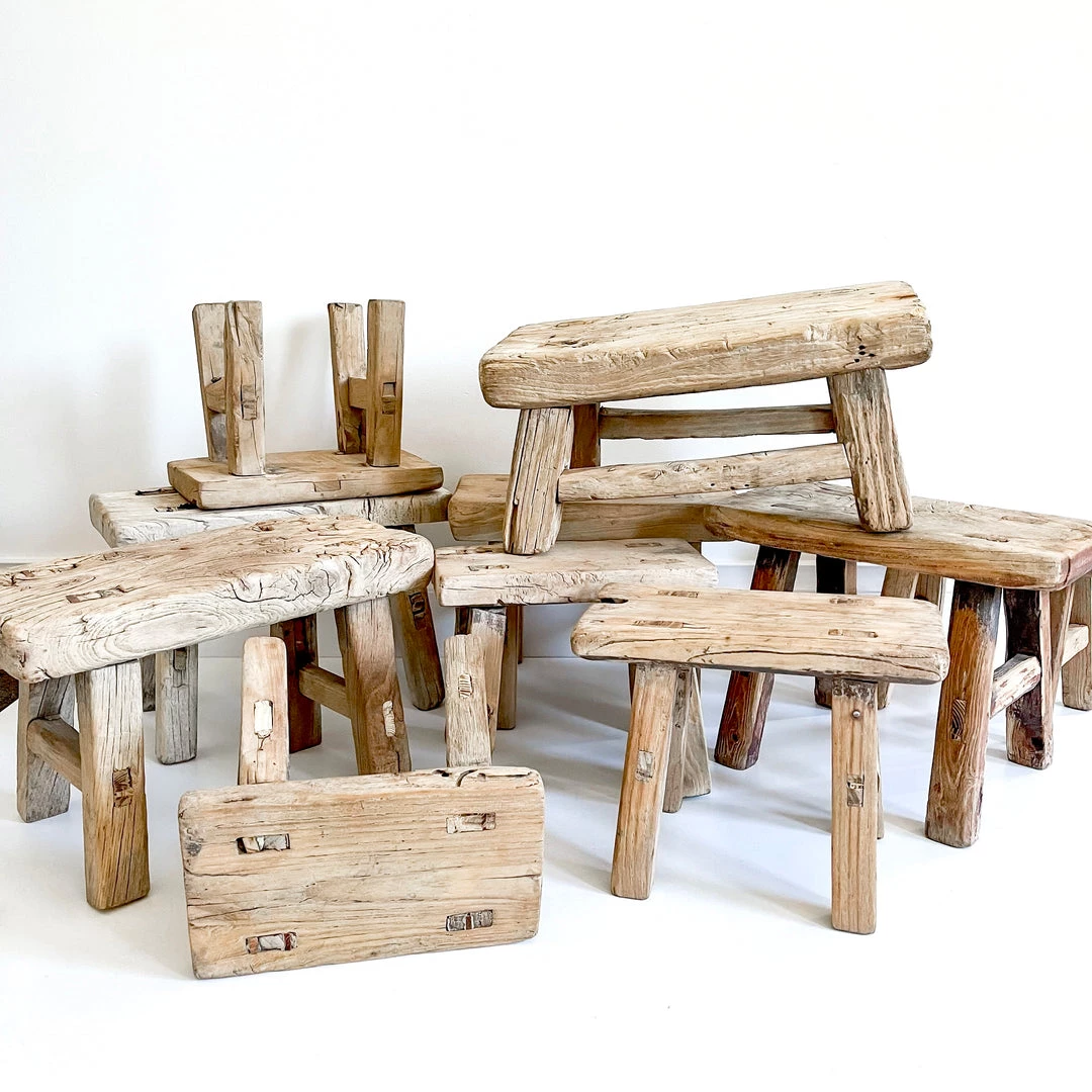 Rustic White & Wood Vintage Treasures Elm Wood Workers Stool - Mini 5 Rustic White & Wood Vintage Treasures Elm Wood Workers Stool - Mini