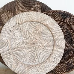 Rustic White & Wood Woven Rattan Plate - White & Chocolate Coastal Decor