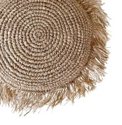 Rustic White & Wood Raffia Fringed Cushion Cover - Round