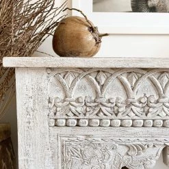 Rustic White & Wood Furniture Indian Carved Console Table - Whitewashed