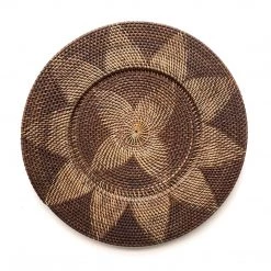 Rustic White & Wood Woven Rattan Plate - White & Chocolate Coastal Decor