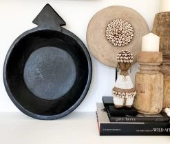 Rustic White & Wood Black Wooden Chapati Bread Bowl Vintage Treasures