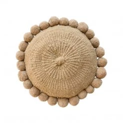 Rustic White & Wood Iana Pom Pom Cushion In Natural Nut - Round
