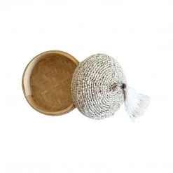 Rustic White & Wood Accessories Melati Beaded Bamboo Trinket Box - Round