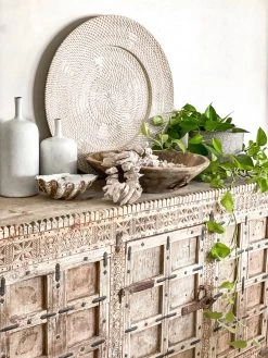 Rustic White & Wood Woven Rattan Plate - White & Chocolate Coastal Decor