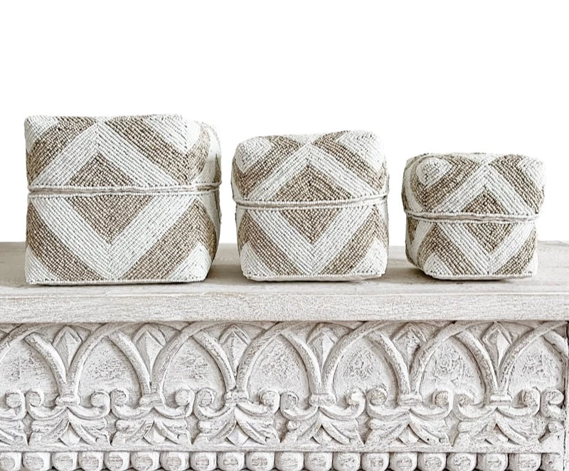 Rustic White & Wood Beaded Boxes - White & Natural Homewares 6 Rustic White & Wood Beaded Boxes - White & Natural Homewares