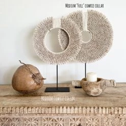 Rustic White & Wood Tribal Cowrie Shell Collar With Stand Coastal Decor