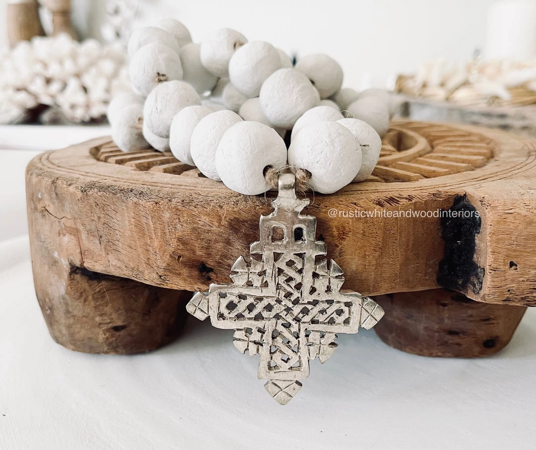 Rustic White & Wood Ethiopian Cross Beaded Clay Garland 4 Rustic White & Wood Ethiopian Cross Beaded Clay Garland