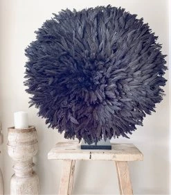 Rustic White & Wood Bamileke Feather Juju Hat - Black