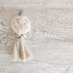 Rustic White & Wood Pom-Pom Tassel Keyring