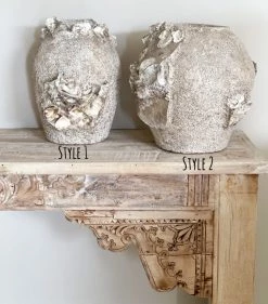 Rustic White & Wood Barnacle & Shell Clustered Pots Coastal Decor