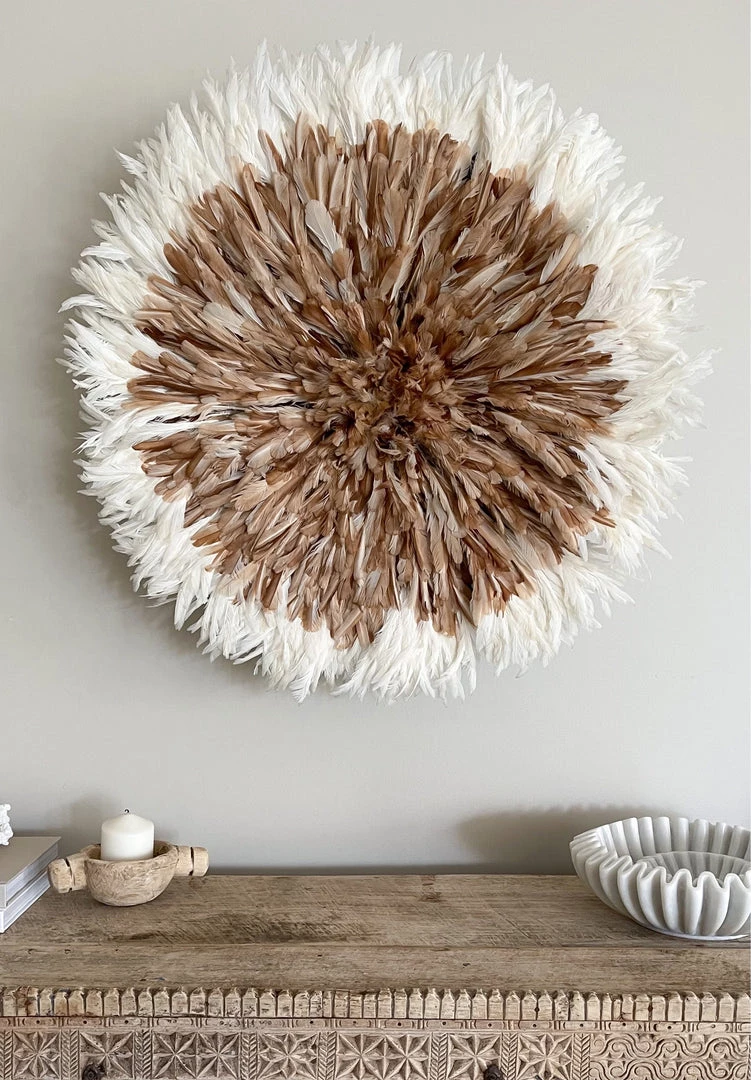 Rustic White & Wood Bamileke Feather Juju Hat - Natural Brown With White Tips 6 Rustic White & Wood Bamileke Feather Juju Hat - Natural Brown With White Tips