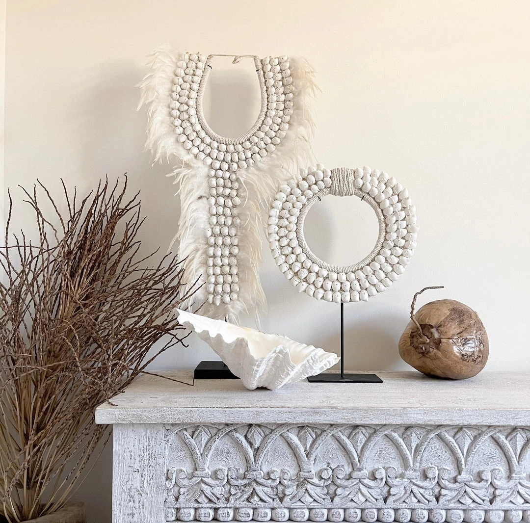 Rustic White & Wood Coastal Decor White Tribal Shell Collar 5 Rustic White & Wood Coastal Decor White Tribal Shell Collar
