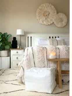 Rustic White & Wood Moroccan Decor Moroccan Pouf Ottoman - Square White