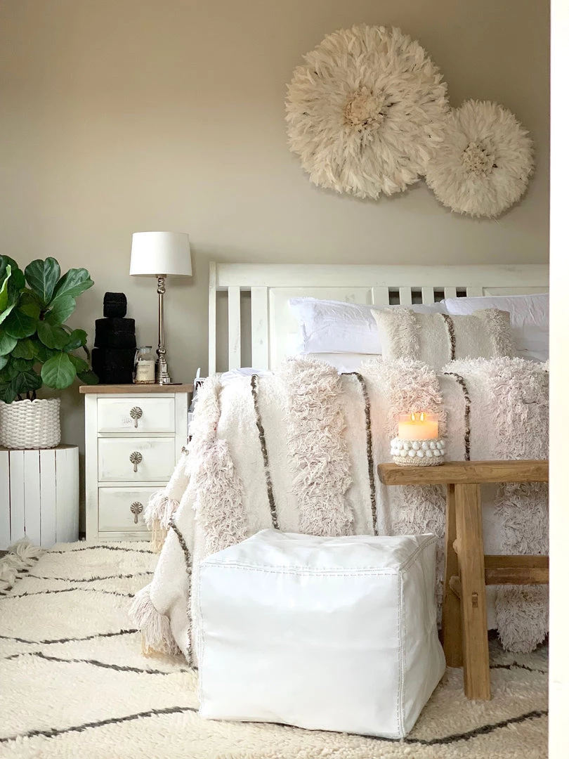 Rustic White & Wood Moroccan Decor Moroccan Pouf Ottoman - Square White 3 Rustic White & Wood Moroccan Decor Moroccan Pouf Ottoman - Square White