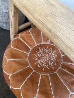 Rustic White & Wood Moroccan Decor Moroccan Pouf Ottoman - Tan