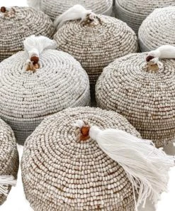 Rustic White & Wood Accessories Melati Beaded Bamboo Trinket Box - Round