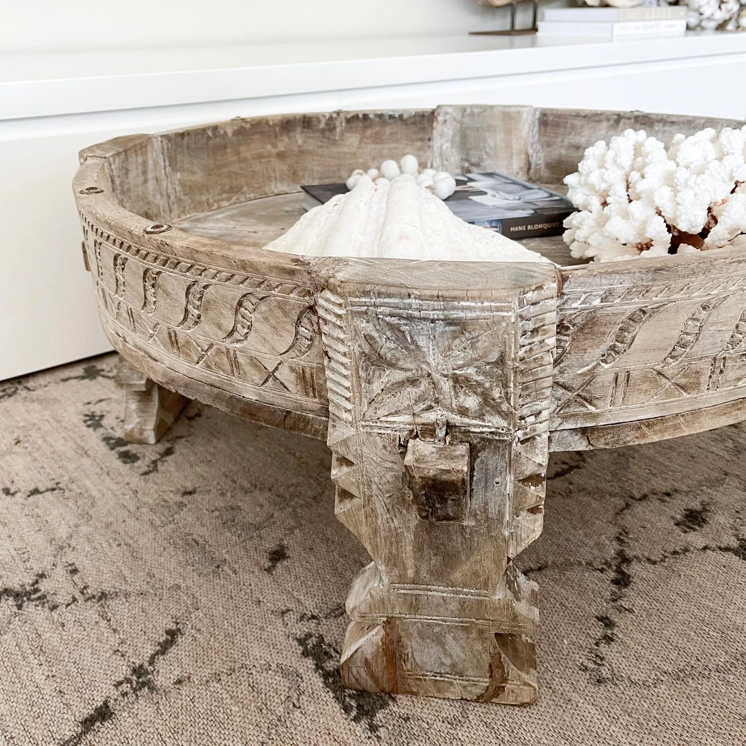 Rustic, White & Wood Vintage Indian Wooden Grinder Table - 02 Furniture 6 Rustic, White & Wood Vintage Indian Wooden Grinder Table - 02 Furniture