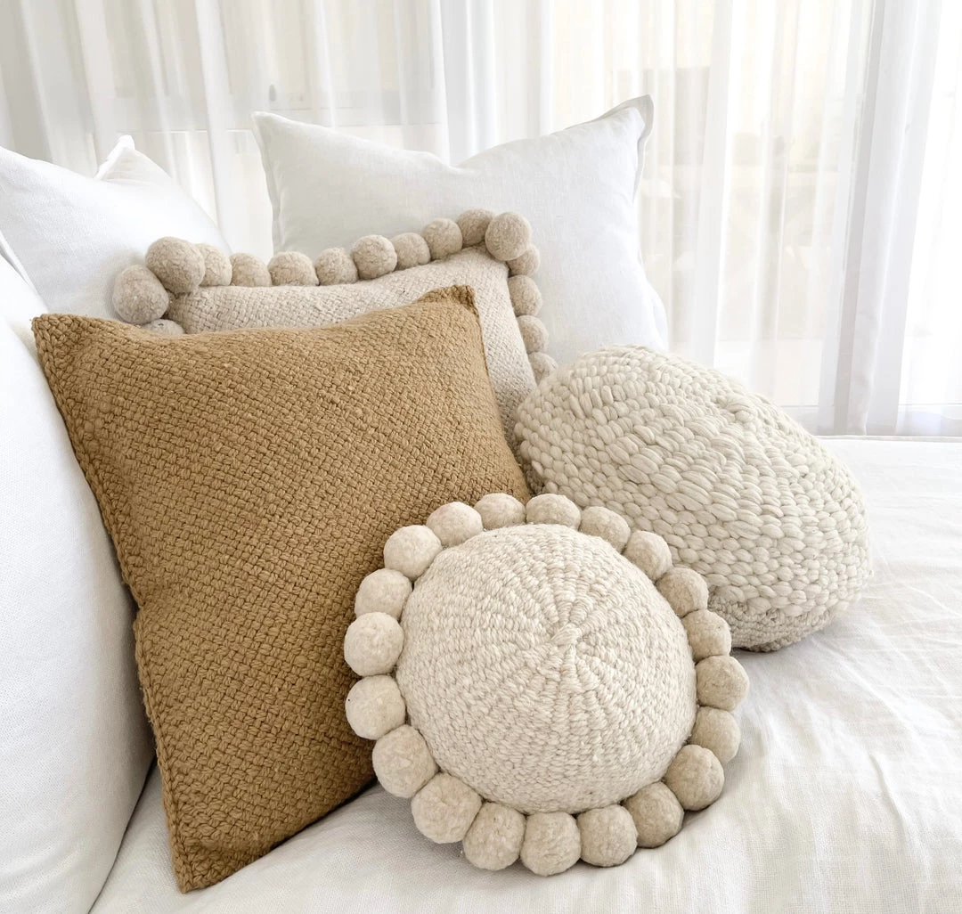 Rustic White & Wood Iana Thick Weave Cushion In Natural - Round 5 Rustic White & Wood Iana Thick Weave Cushion In Natural - Round
