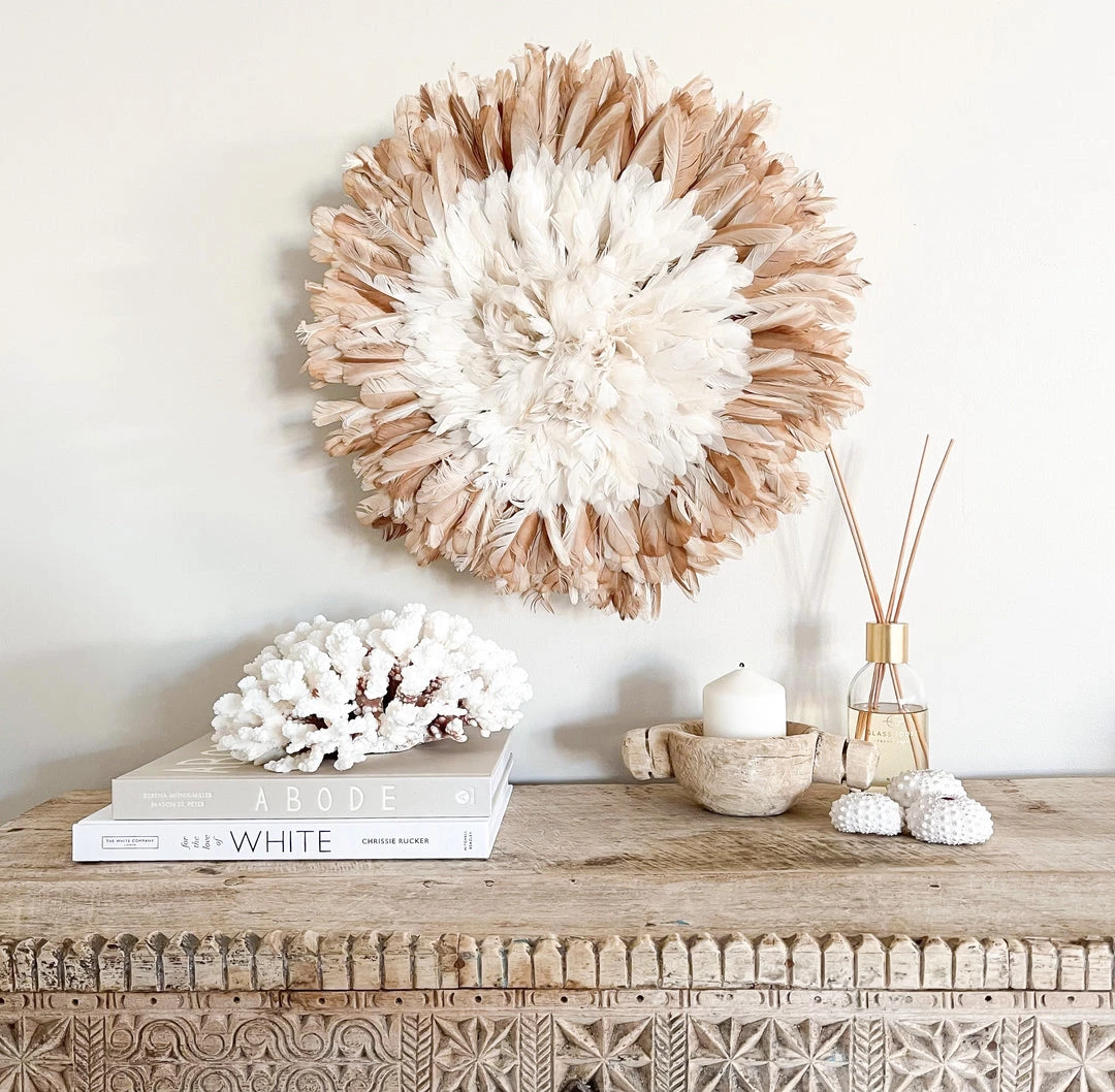 Rustic White & Wood Bamileke Feather Juju Hat - White With Natural Brown Tips 4 Rustic White & Wood Bamileke Feather Juju Hat - White With Natural Brown Tips