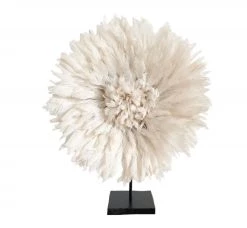 Rustic White & Wood Mini Bamileke Feather Juju Hat With Stand
