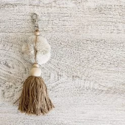 Rustic White & Wood Coral Shell Tassel Keyring