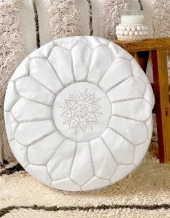 Rustic White & Wood Moroccan Pouf Ottoman - White Moroccan Decor