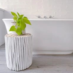 Rustic White & Wood Furniture Teak Side Table - White