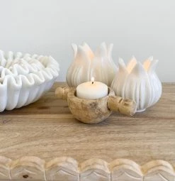 Rustic White & Wood Accessories Marble Lotus Tealight Candle Holder