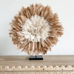 Rustic White & Wood Mini Bamileke Feather Juju Hat With Stand