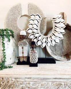 Rustic White & Wood Coastal Decor Cowrie Tribal Shell Collar - 2 Tiers