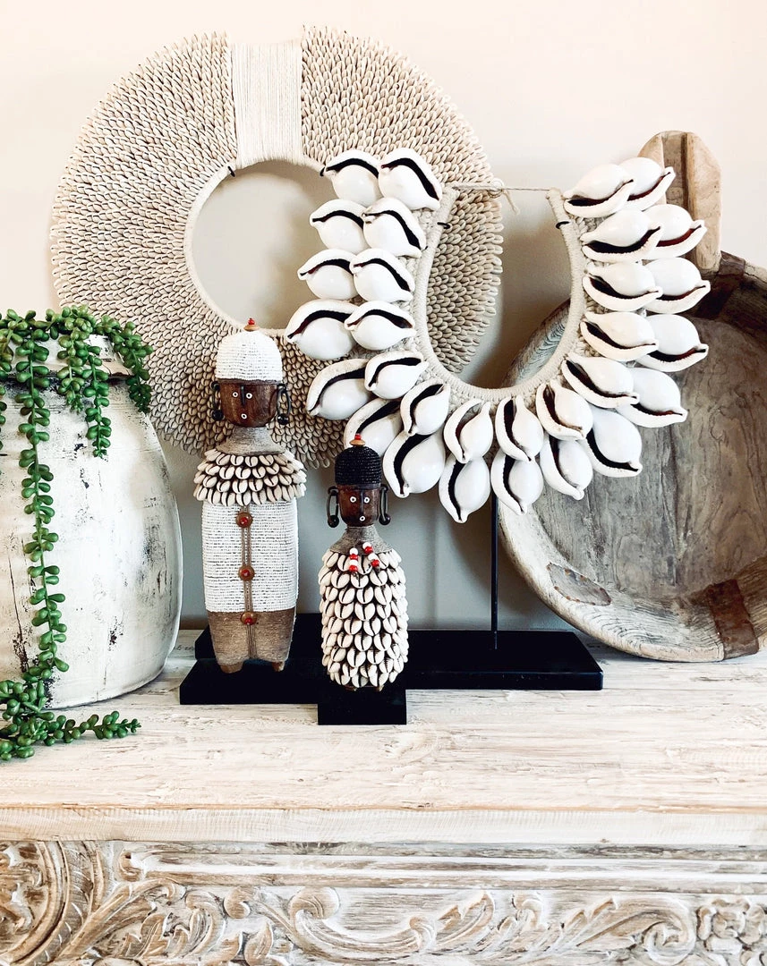 Rustic White & Wood Coastal Decor Cowrie Tribal Shell Collar - 2 Tiers 3 Rustic White & Wood Coastal Decor Cowrie Tribal Shell Collar - 2 Tiers